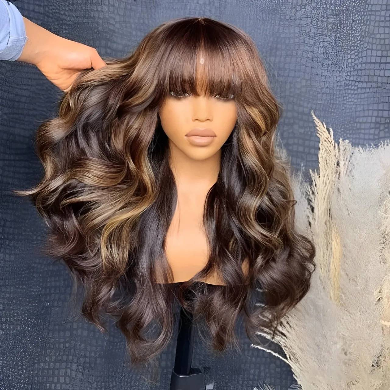 Highlight Blonde Lace Frontal Wigs For Women Pre-Plucked Brazilian Virgin Human Hair Body Wave Wigs With Bangs 180% Densit...