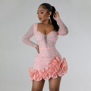 Women's Party And Nightclub Heavy-duty Hot-selling Diamond Beaded Ruffled Sexy Tight-fitting Hip Dress - Damenbekleidung
