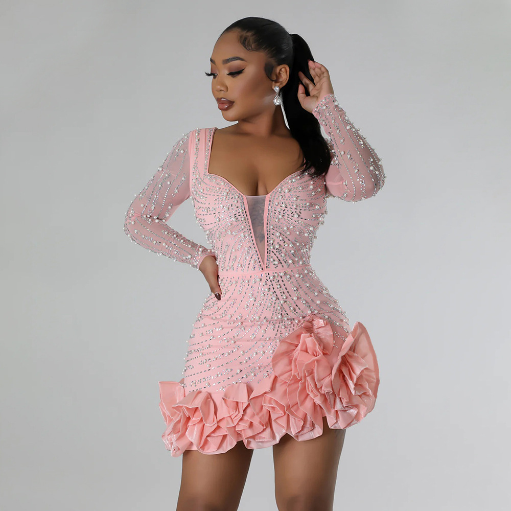 Women's Party And Nightclub Heavy-duty Hot-selling Diamond Beaded Ruffled Sexy Tight-fitting Hip Dress - Damenbekleidung