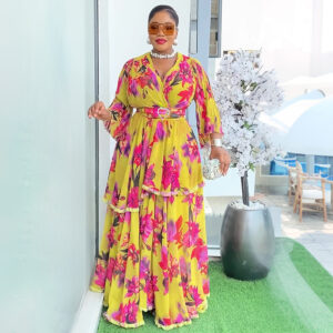 Plus Size Women's New Fresh Sweet Ruffled V-Neck Long Sleeve Printed Flared Dress - Damenbekleidung | Technik & Gadgets