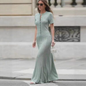 Summer Knit Dress With Lace Design Elegant A-Line Long Dress For Women​​ Versatile Styling ​​Multiple Color Options - Dame...