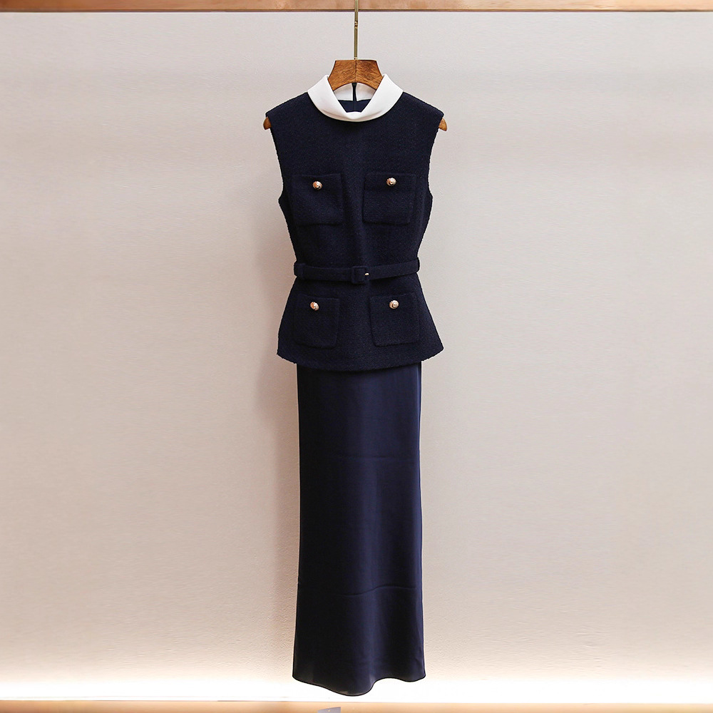 Women's Clothing Autumn Sophisticated Elegant Two Piece Satin Long Sleeveless Dress Fitted Waist Faux Two Piece Design Wom...