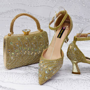 Women's High-Heel Sandals And Handbag Set Gold European And American Style Women's Pointed High Heels, Catwalk Shoes, Squa...