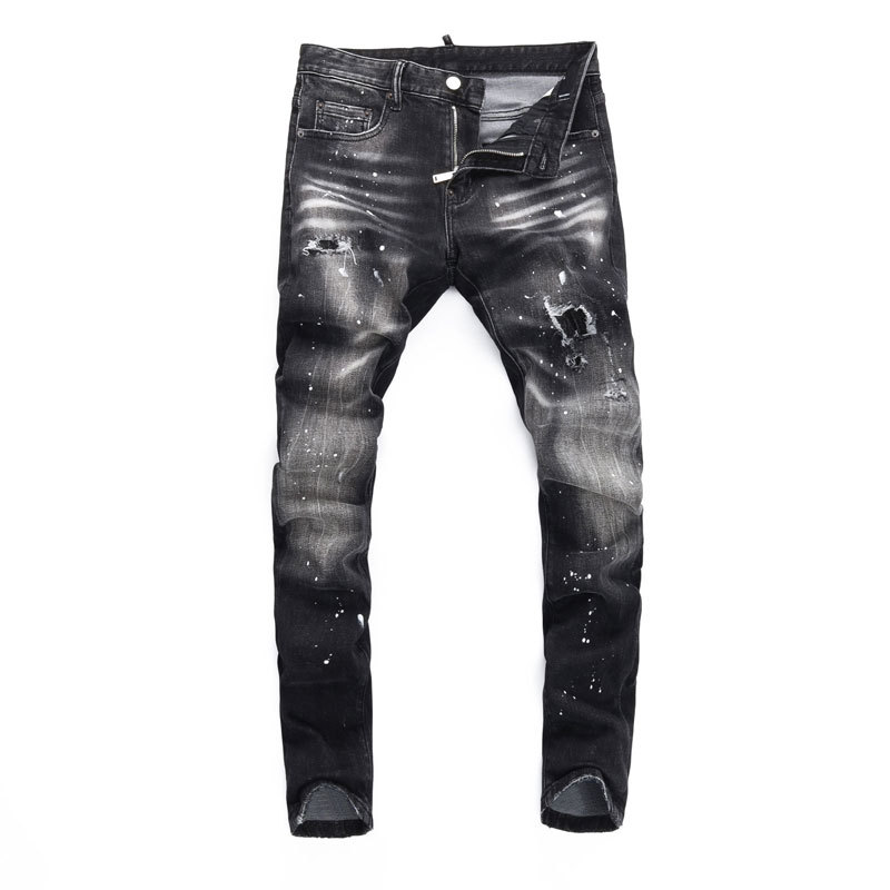 Men's Clothing Fashion Street Jeans Distressed Black And Gray Washed Holes Patches Paint Micro Bounce Slim Fit Skinny Jean...