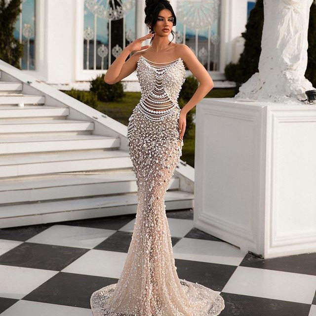 Elegant White Sequin Embellished Strapless Bodycon Long Evening Dress For Women – Perfect For Parties & Special Occasions ...