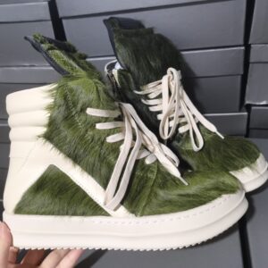 2025 New Green Horsehair High-top Shoes Inverted Triangle Large Size Thick Sole Lace-up Genuine Leather European And - Schuhe
